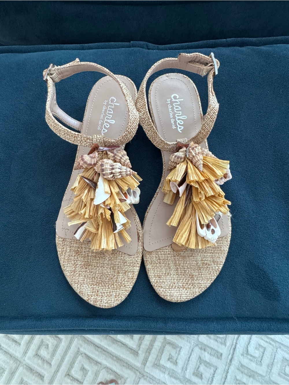 Charles by Charles David Natural Raffia Tassel Sandals with Yellow Accents